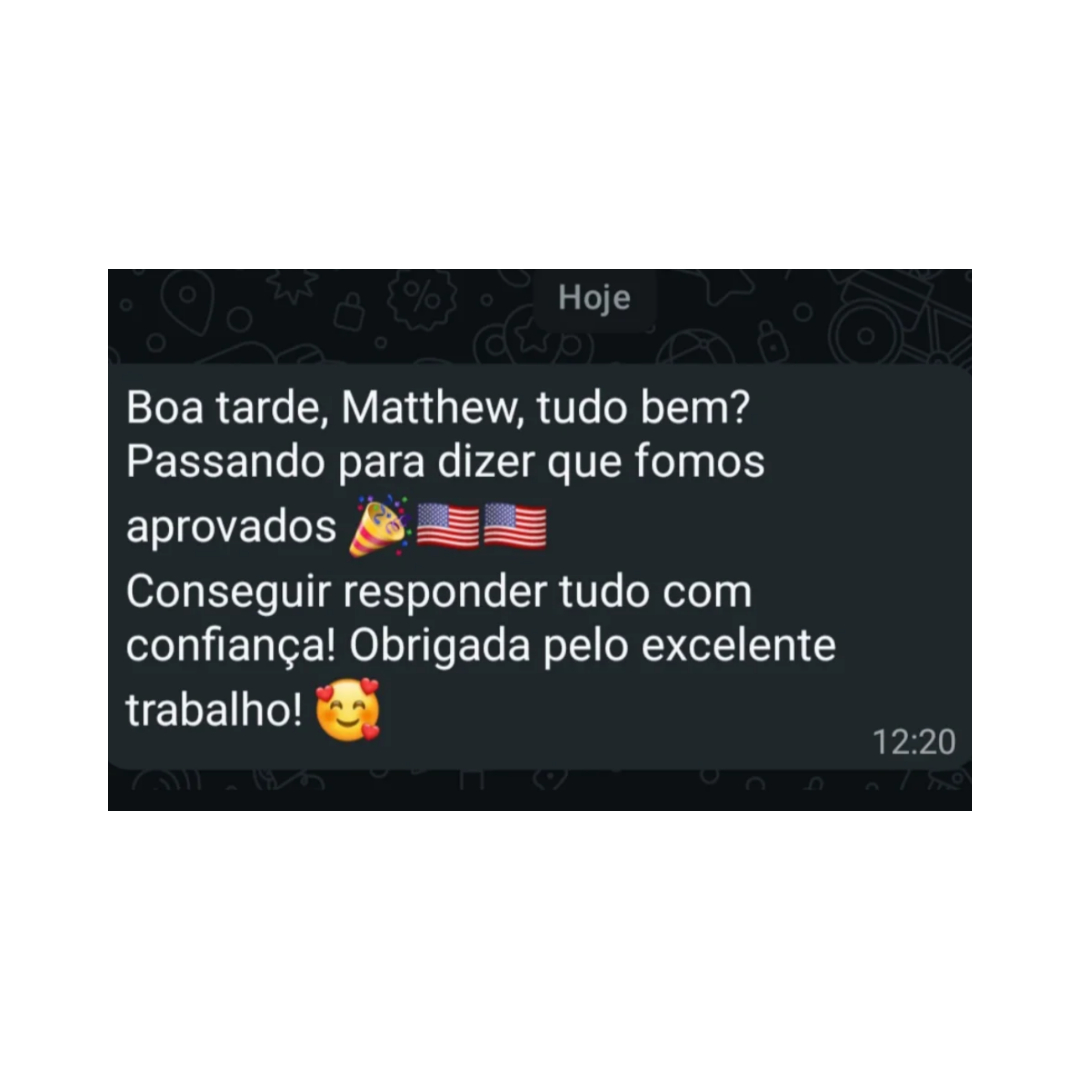 Mensagem de cliente dizendo que foi aprovado e conseguiu responder tudo com confiança.