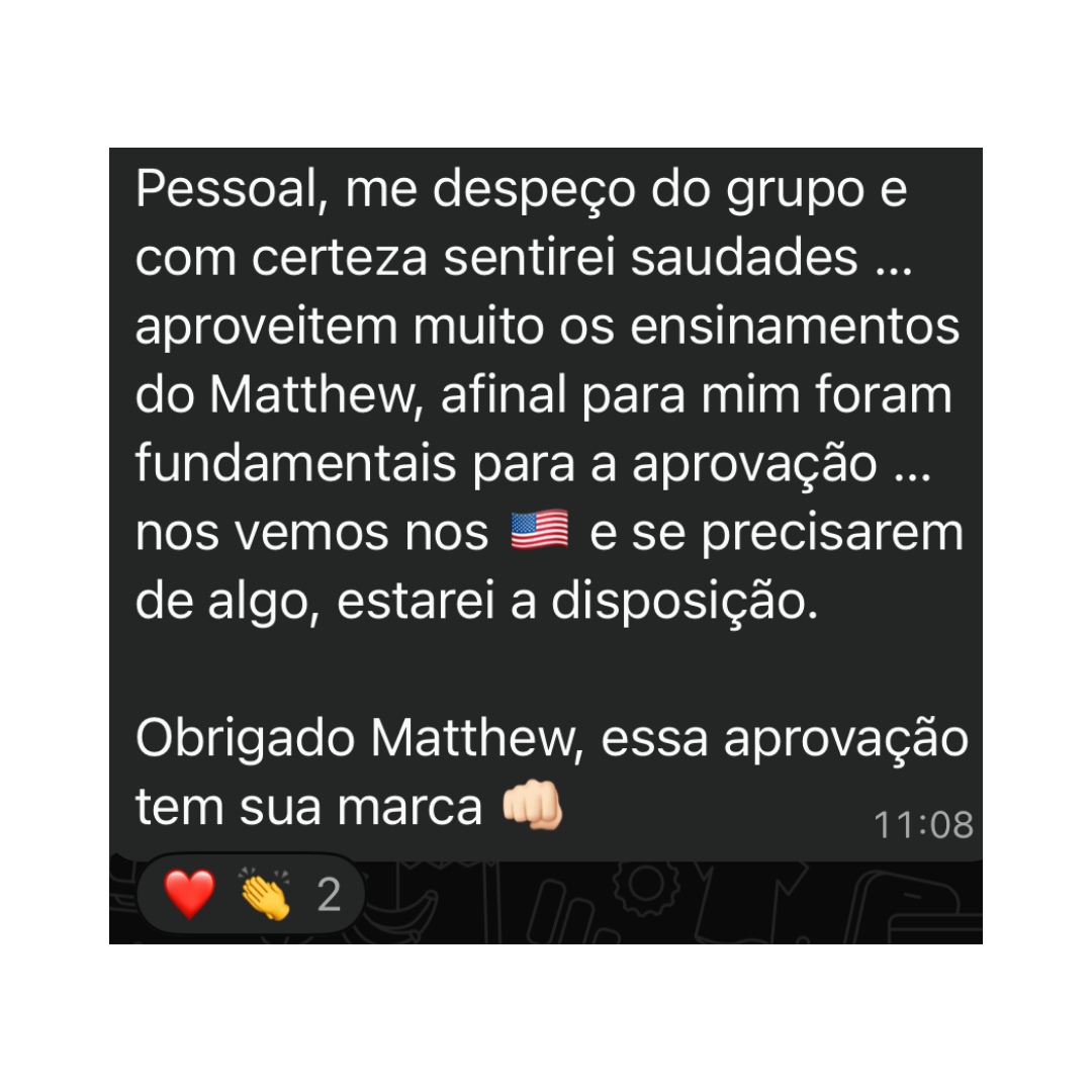 Mensagem de cliente dizendo que os ensinamentos de Matthew foram fundamentais para a aprovação.