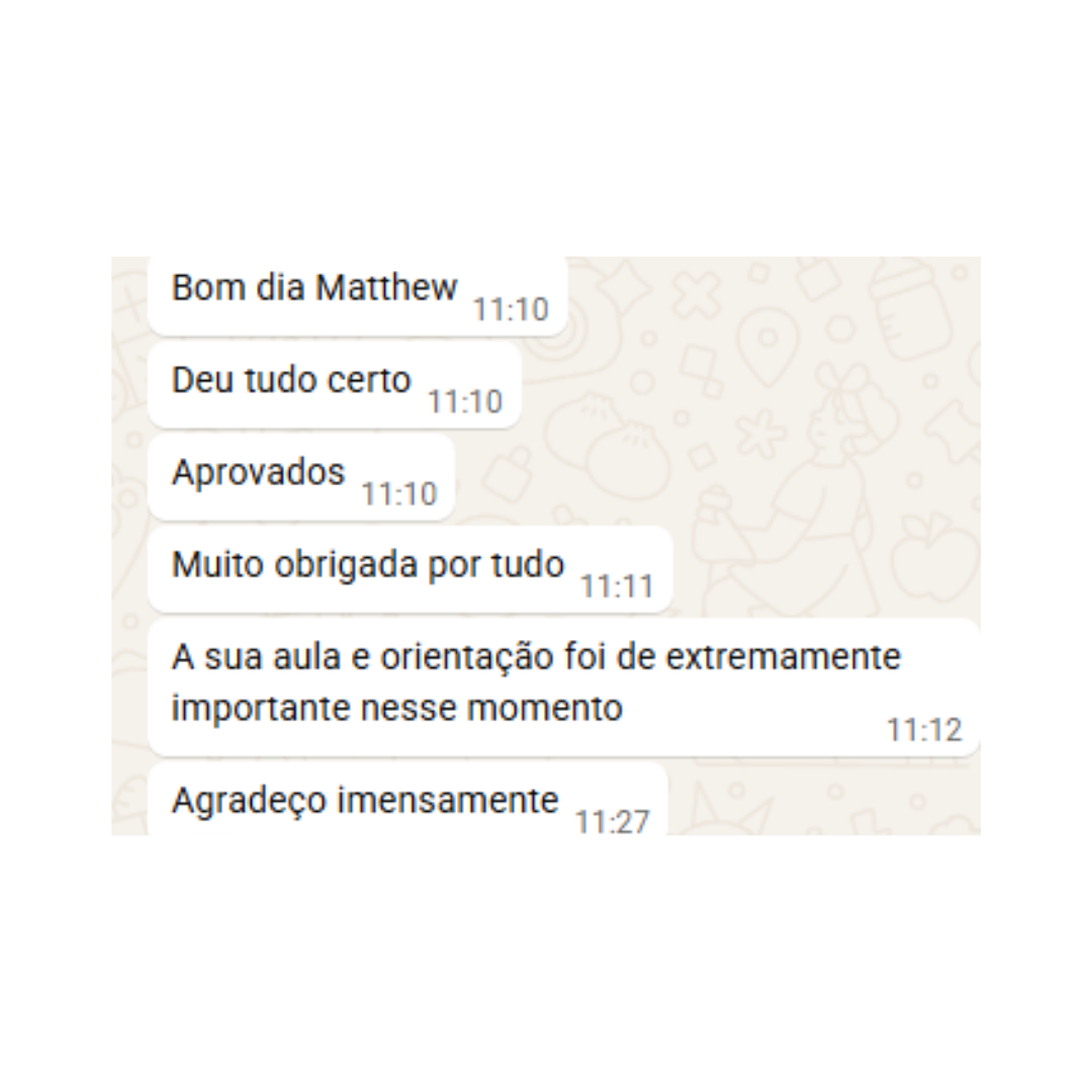Mensagem de cliente agradecendo pela aula e orientação depois da aprovação.