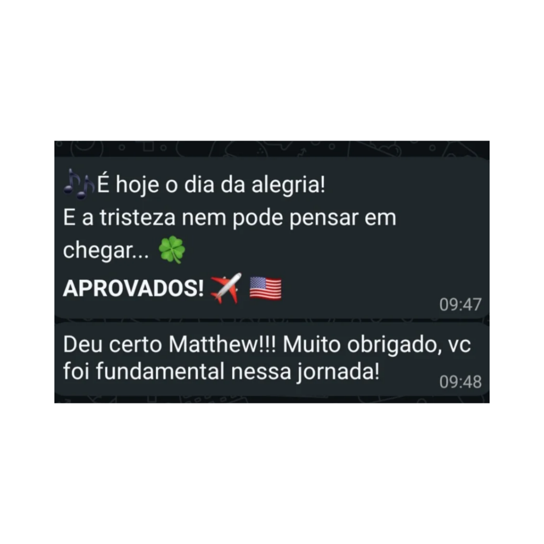 Mensagem de cliente aprovado dizendo que Matthew foi fundamental na jornada.