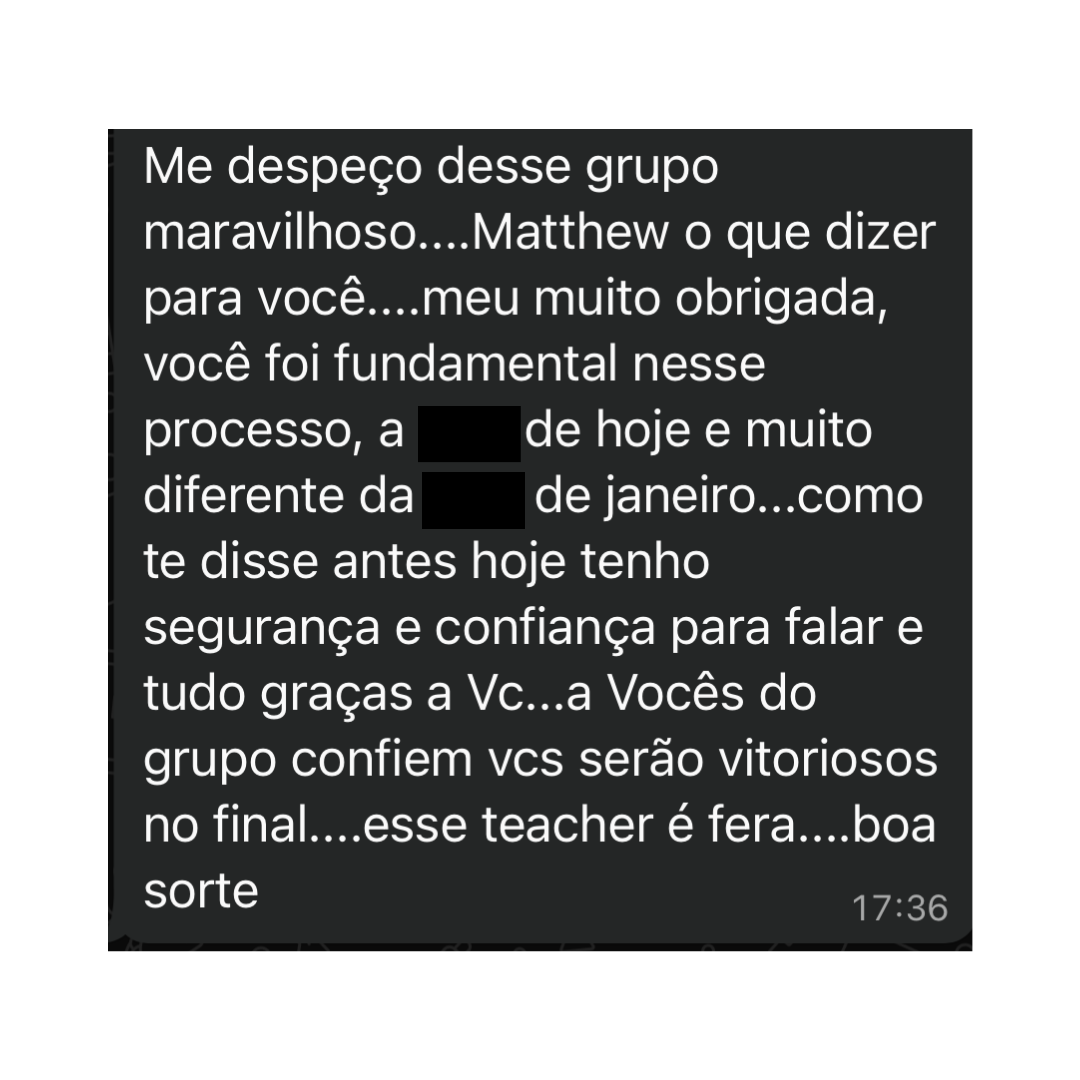 Mensagem de cliente descrevendo mais segurança e confiança para falar depois da preparação.